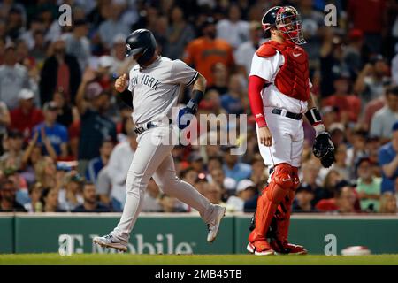 Boston Red Sox catcher Kevin Plawecki, left, celebrates with starting  pitcher Tanner Houck (89) after houck struck out New York Yankees' Josh  Donaldson during the fourth inning of a baseball game Sunday