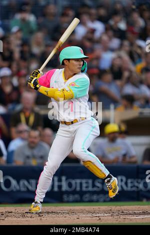 San Diego Padres' Ha-Seong Kim batting during the second inning of a  baseball game against the San Francisco Giants, Friday, July 8, 2022, in  San Diego. (AP Photo/Gregory Bull Stock Photo - Alamy