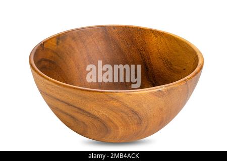 Closeup view of deep empty wooden bowl isolated on white baclground with clipping path Stock Photo