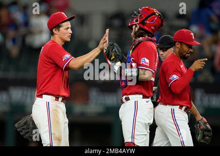 Texas Rangers' Corey Seager (5) and Marcus Semien, right, celebrate their  7-0 win in a baseball game against the Philadelphia Phillies, Tuesday, June  21, 2022, in Arlington, Texas. (AP Photo/Tony Gutierrez Stock Photo - Alamy