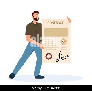 Lawyer, Notary or Attorney Service.Man Hold Certificate or Contract with Seal Stamp and Signature.Man with Document Offer Professional Service, Charac Stock Photo