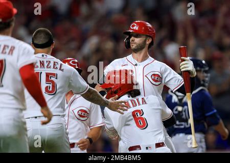 Cincinnati Reds' Tyler Naquin celebrates a 5-4 win against the