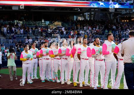 Members of the San Diego Padres wear City Connect uniforms before a  baseball game against the San Francisco Giants, Friday, July 8, 2022, in San  Diego. (AP Photo/Gregory Bull Stock Photo - Alamy