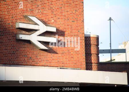 London, UK - 19 Jan 2023: National Rail symbol on the side of Kingston Station. Credit: Sinai Noor/Alamy Stock Photo