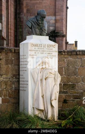 Monument to the poet and writer Charles Le Goffic, old town of Lannion, department of Cotes-d'Armor, region of Brittany Breizh, France Stock Photo