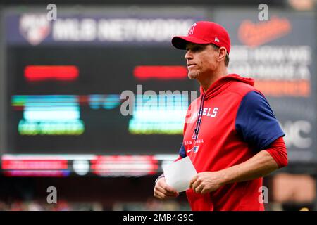 Los Angeles Angels bench coach Rob Picciolo fills in as manager for Mike  Scioscia against the Atlanta Braves at Angel Stadium in Anaheim, California  on May 22, 2011. The Angels won 4-1.