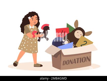 Action for Kids.Children help Children. Girl Taking Free Toys from Donation Box, Children Social Support and Assistance Concept. Humanitarian Aid to P Stock Photo