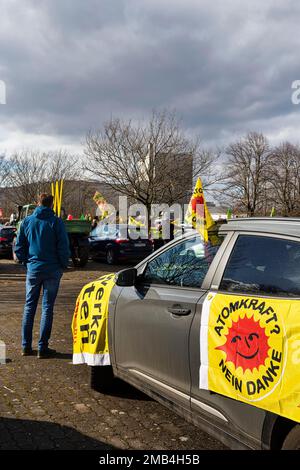Banner and banner Atomkraft Nein Danke, demonstration on car park in front of former nuclear power plant Wuergassen, Beverungen, Hoexter, North Stock Photo