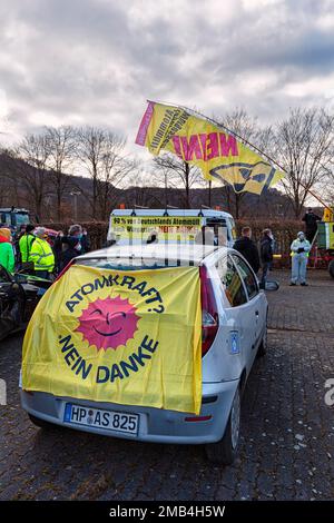 Banner Atomkraft Nein Danke on a car, people demonstrate on car park in front of former nuclear power plant Wuergassen, Beverungen, Hoexter, North Stock Photo