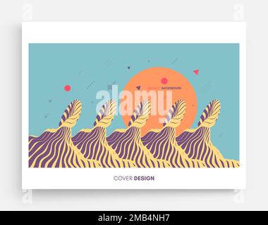 Abstract wavy background. Asian illustration of ocean waves and sun. Cover design template. Futuristic vector pattern. Stock Vector