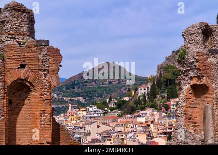 Ancient theatre, Teatro Greco, view of the old town of Taormina, Sicily, Italy Stock Photo