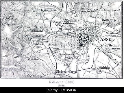 100.000, town, districts, Wilhelmshoehe, railway lines, map, cartography, countryside, historical illustration 19th century, city map of Kassel Stock Photo