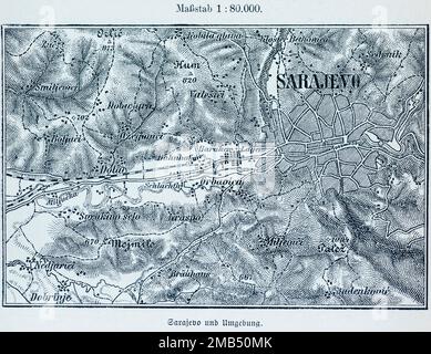 City of Sarajevo, Bosnia and Herzogovina, City Map and Surroundings, Dinaric Mountains, Scale 1:80.000, City Districts, River Miljacka Stock Photo