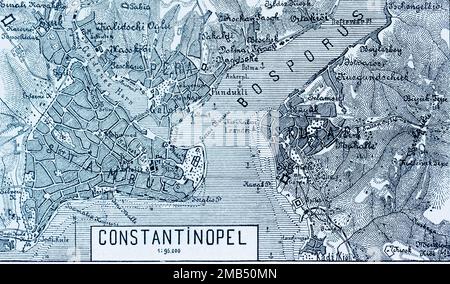 95, 000, ground plan, Skuta district, railway line, barracks, customs office, anchorage, mountains, hatching, historical illustration 1896 Stock Photo