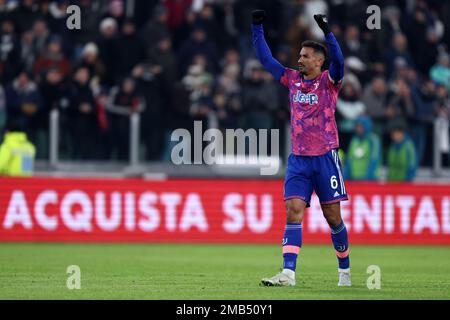 Danilo Luiz da Silva of Juventus Fc  celebrates at the end of the Coppa Italia football match beetween Juventus Fc and Ac Monza at Allianz Stadium on January 19, 2023 in Turin, Italy . Credit: Marco Canoniero/Alamy Live News Stock Photo