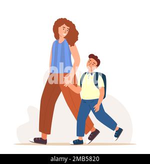Mother and son going together.Young mom leading boy kid to school,holding by hand.Woman parent support his kid and child with backpack walking.Flat ve Stock Photo