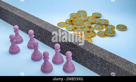 A group of purple chess pieces blocked by a barrier wall to a pile of coins money with a dollar sign gold colour 3d illustration, business and organiz Stock Photo