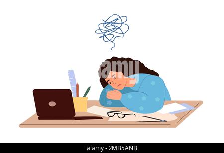 Tired overworked employee at workplace.Exhausted fatigue office worker with tired overload head,sit at computer desk,overloaded with work, papers.Flat Stock Photo