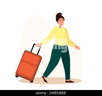 Business Trip,Travel Concept.Bright,Happy Woman with Suitcase Going to Registration in Airport.Female Tourist Character,Luggage Boarding on Airplane,G Stock Photo