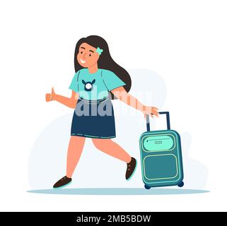 Trip for Children,Travel Concept.Bright,Happy Little Girl with Suitcase Going to Registration in Airport.Kid Tourist Character,Luggage Boarding on Air Stock Photo