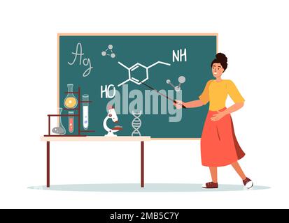 Teacher with Tablet Stand at Blackboard Explain Chemistry Lesson Isolated on White Background. Happy Tutor Female Character Teach Students in School C Stock Photo