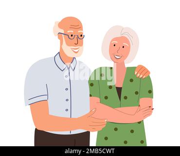 Smiling Senior couple of happy elderly retired man and woman hug each other.Happy relationships.Old Senior spouse wearing fashion stylish clothes.Flat Stock Photo