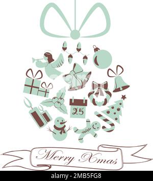 Merry Christmas and Happy New Year greeting card with lettering and Christmas decorations on transparent back Stock Vector