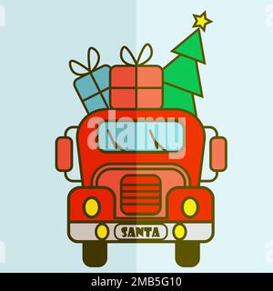 Santa Claus brings on his red car presents and Christmas tree front side face view Stock Vector