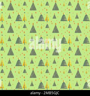 Seamless pattern with golden gradient Christmas trees on light green background Stock Vector