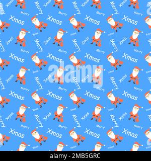 Seamless New Year and Christmas pattern with and text and Santa Claus on blue background Stock Vector