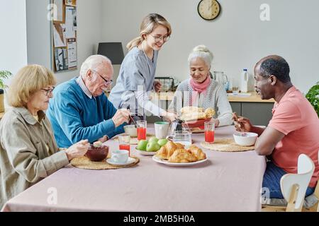 Young caregiver serving senior people at table, they sitting at table and eating food and she setting the table Stock Photo