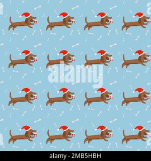 New Year and Christmas seamless pattern with dachshund in santa hat Stock Vector