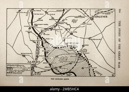 Battle of the Somme The English Gains from the book The story of the great war; the complete historical records of events to date DIPLOMATIC AND STATE PAPERS by Reynolds, Francis Joseph, 1867-1937; Churchill, Allen Leon; Miller, Francis Trevelyan, 1877-1959; Wood, Leonard, 1860-1927; Knight, Austin Melvin, 1854-1927; Palmer, Frederick, 1873-1958; Simonds, Frank Herbert, 1878-; Ruhl, Arthur Brown, 1876-  Volume V Published 1916 Stock Photo