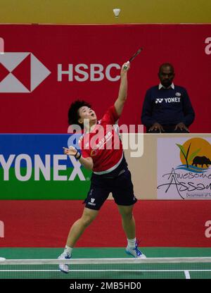 New Delhi, India. 20th Jan, 2023. He Bingjiao of China competes during the women's singles quarterfinals against Zhang Beiwen of the United States at the India Open 2023 badminton tournament in New Delhi, India, Jan. 20, 2023. Credit: Javed Dar/Xinhua/Alamy Live News Stock Photo