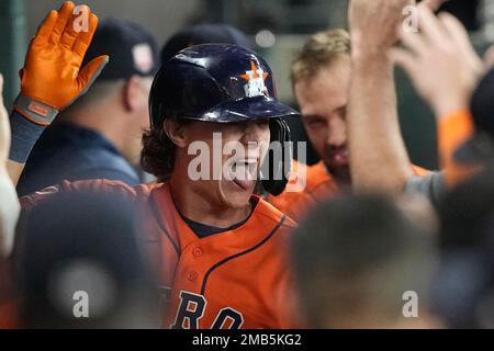 Houston Astros' Jake Meyers celebrates in the dugout after hitting a  two-run home run against the Chicago Cubs during the ninth inning of a  baseball game Wednesday, May 17, 2023, in Houston. (