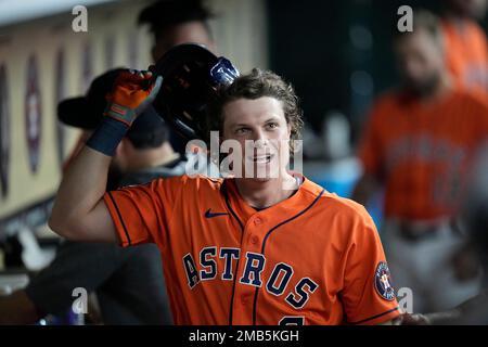 Houston Astros' Jake Meyers celebrates in the dugout after hitting a  two-run home run against the Chicago Cubs during the ninth inning of a  baseball game Wednesday, May 17, 2023, in Houston. (