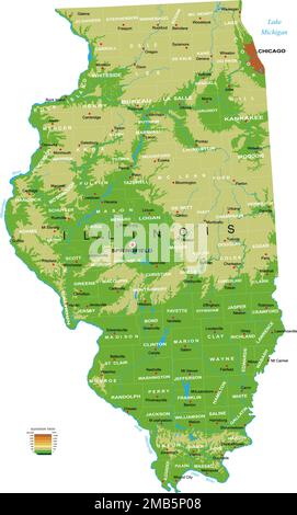 Highly detailed physical map of the Illinois, in vector format,with all the relief forms,regions and big cities. Stock Vector