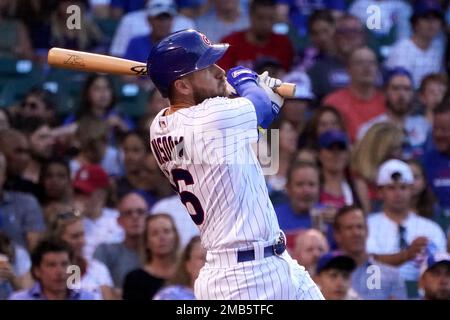 Chicago Cubs' Patrick Wisdom watches the flight of the ball during a  baseball game against the St. Louis Cardinals on Wednesday, May 10, 2023,  in Chicago. (AP Photo/Charles Rex Arbogast Stock Photo 