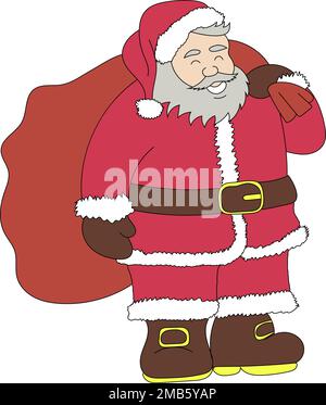 Smiling Chistmas character Santa Claus in red with huge gift bag on transparent background Stock Vector