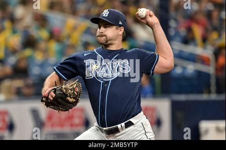 Tampa Bay Rays' Jalen Beeks pitches to the St. Louis Cardinals during the  first inning of a baseball game Wednesday, Aug. 9, 2023, in St. Petersburg,  Fla. (AP Photo/Chris O'Meara Stock Photo 