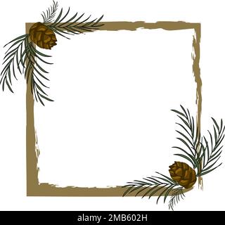 Uneven square frame with pine branches and cones for New Year and Christmas greeting card Stock Vector