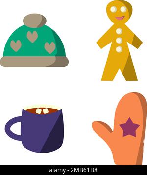 Winter icon set with cookie, cup, mitten and hat in flat style Stock Vector