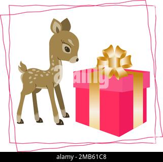 Christmas or birthday greeting card with little deer and pink gift box Stock Vector