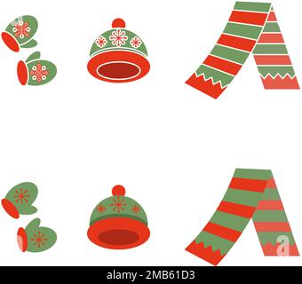 Set of cartoon winter apparel mittens, scarf, hat on transparent background Stock Vector