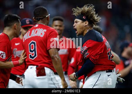 Cleveland Guardians' Josh Naylor looks on during the second inning of a  baseball game against the Miami Marlins, Sunday, April 23, 2023, in  Cleveland. (AP Photo/Nick Cammett Stock Photo - Alamy