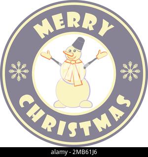 Cute circle badges with snowman and greeting text Merry Christmas purple color Stock Vector