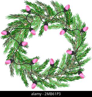 Photo realistic winter Christmas wreath with evergreen branches and decorative garland lightning Stock Vector