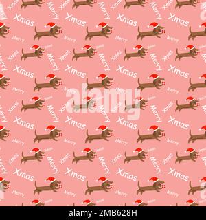 New Year and Christmas seamless pattern with dachshund in santa hat Stock Vector