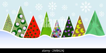 Abstract colored triangular New Year and Christmas trees in a snowdrift Stock Vector