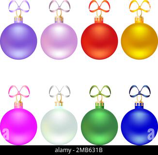 Set of photo realistic christmas tree balls decorated with bows on a transparent background Stock Vector